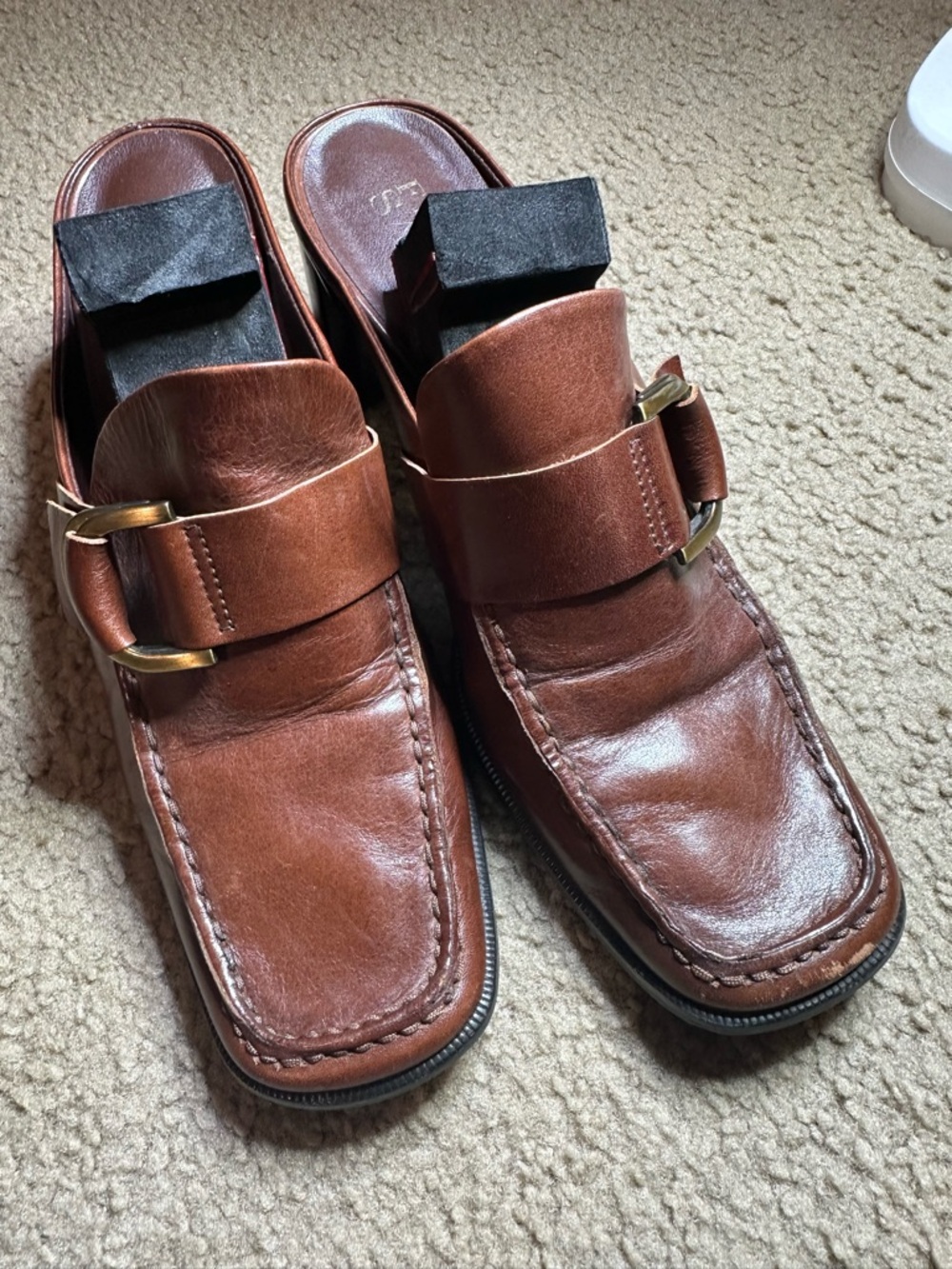 Franco sarto brown leather square toe slip on mules/Loafers with Buckle